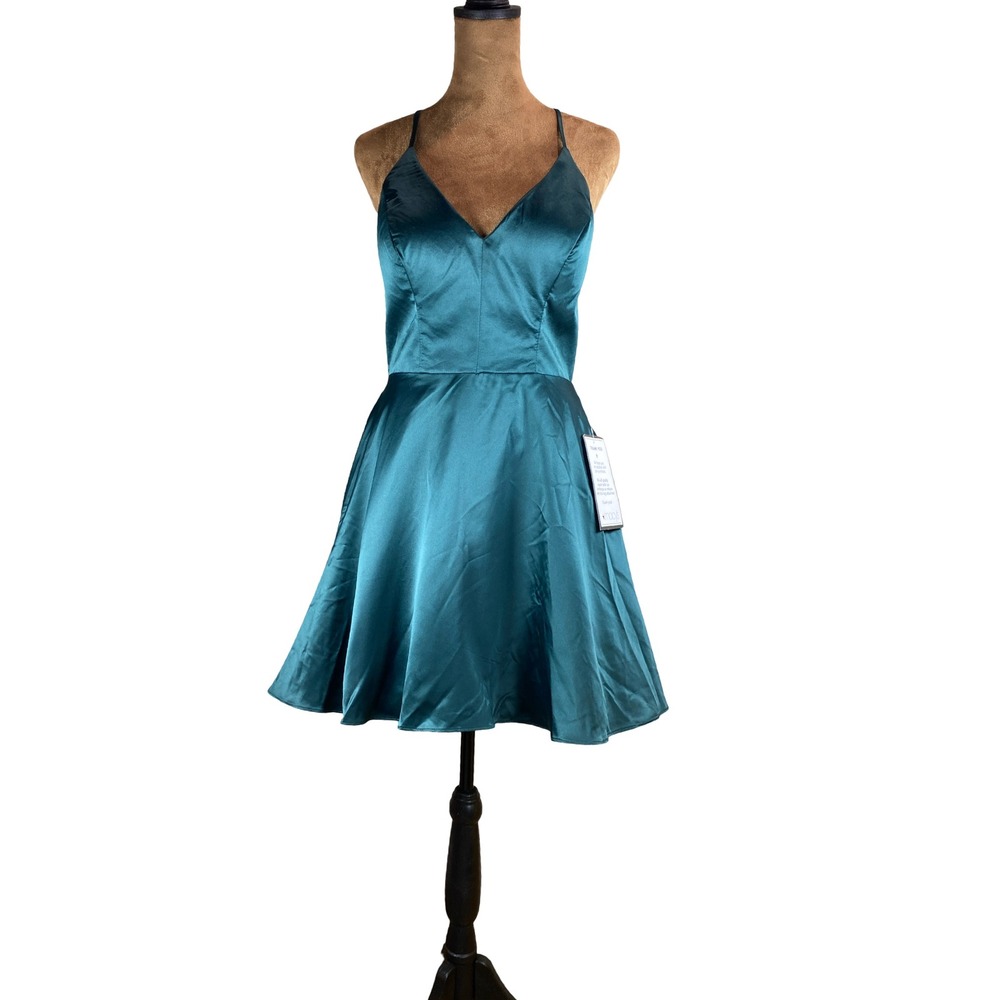B. Darlin Teal Satin Lace Back Fit & Flare Cocktail Dress Size 5/6 Y50S598 NEW